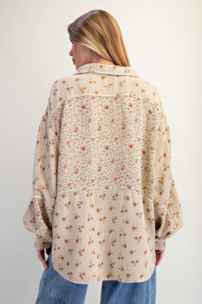 Floral Print Cotton Gauze Washed Shirt Khaki