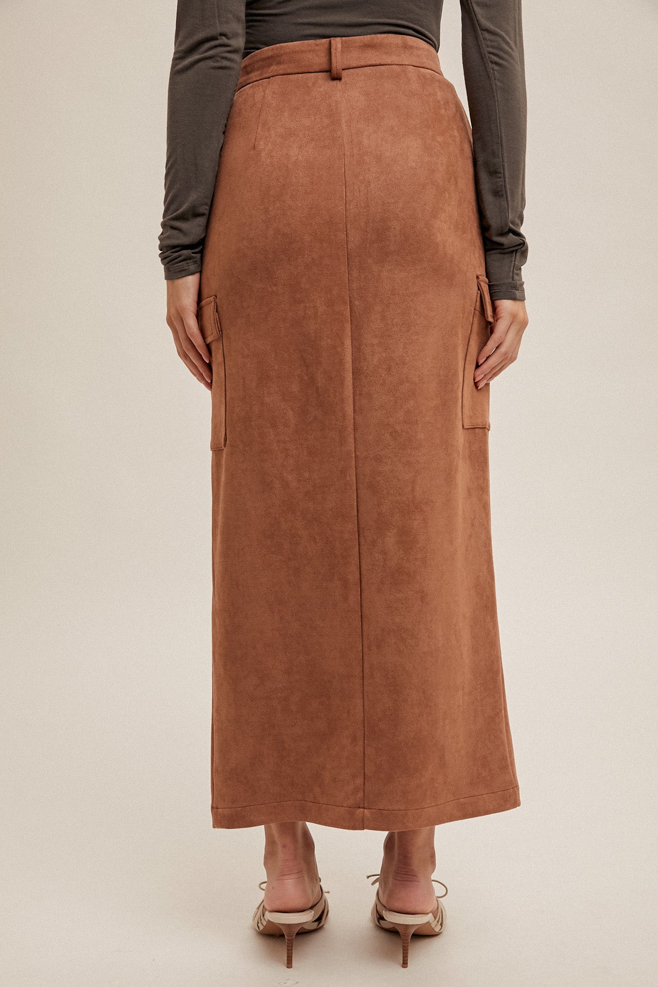 Suede Front Slit Midi Skirt Camel