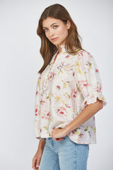 Ruffle Stand Collar Front Button Placket Detail Blouse Pink Multi