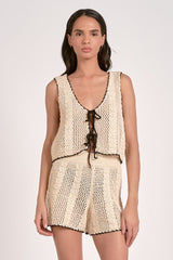 Double Tie Front Crochet Knit Tank Vest Natural Black Border