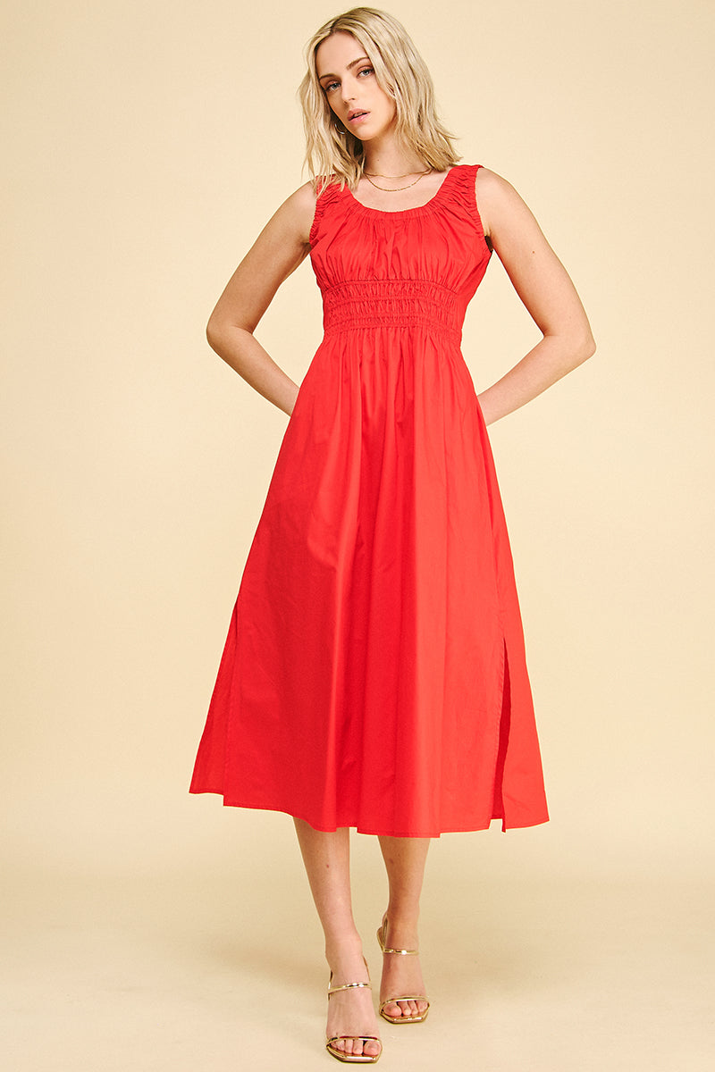 Poplin A Line Midi Sleeveless Dress Red