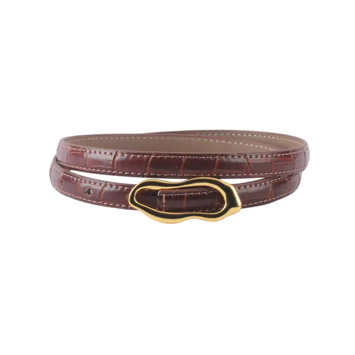 Asymmetric Buckle Croco Skinny Belt Tan