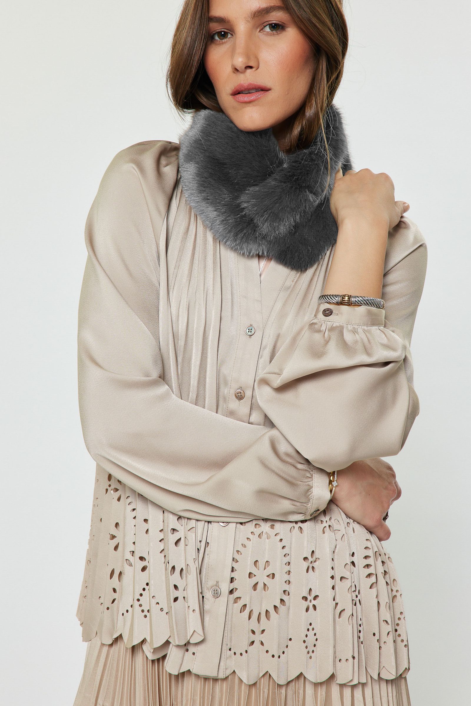 Short Fur Muffler Scarf Charcoal Grey