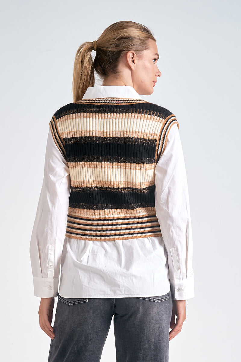 Two Fer Stripe Crop Sweater Collared Top