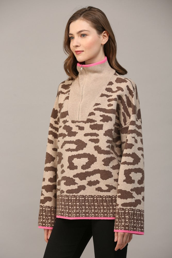 Half Zip Leopard Mix Print Sweater Taupe + Brown