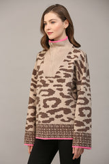 Half Zip Leopard Mix Print Sweater Taupe + Brown