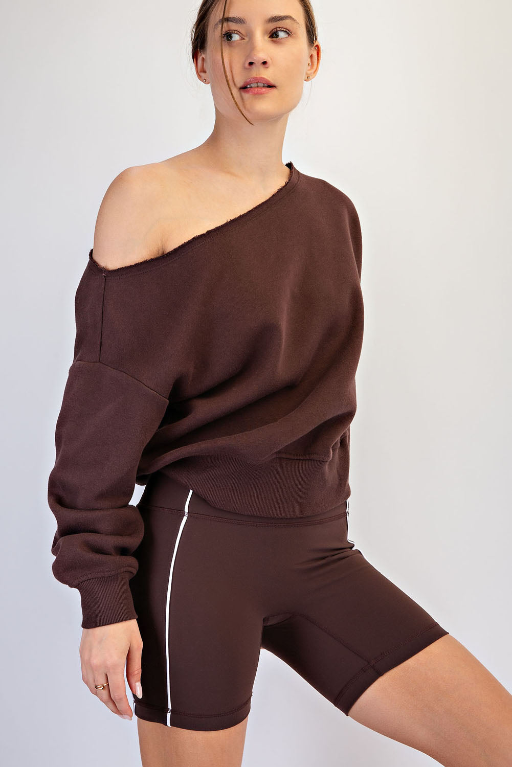 Raw Edge Off Shoulder Sweatshirt Espresso