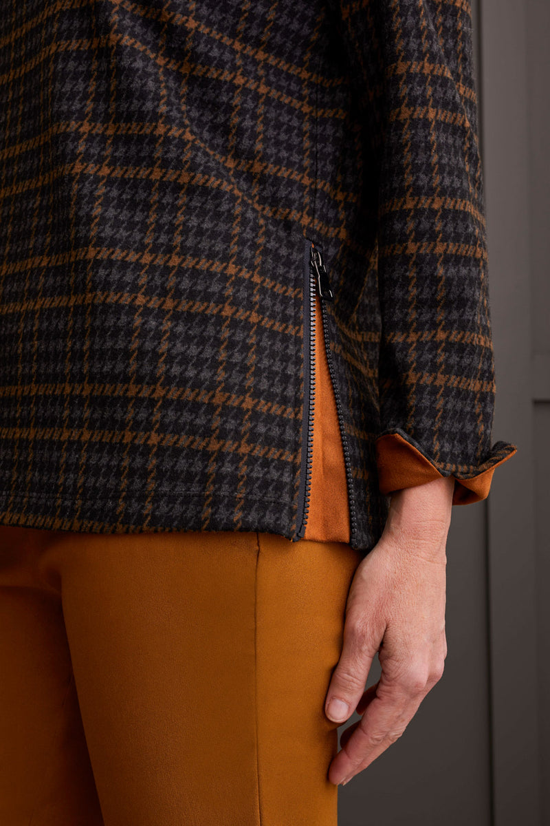 Zip Side Printed Cowl Neck Top Walnut Plaid