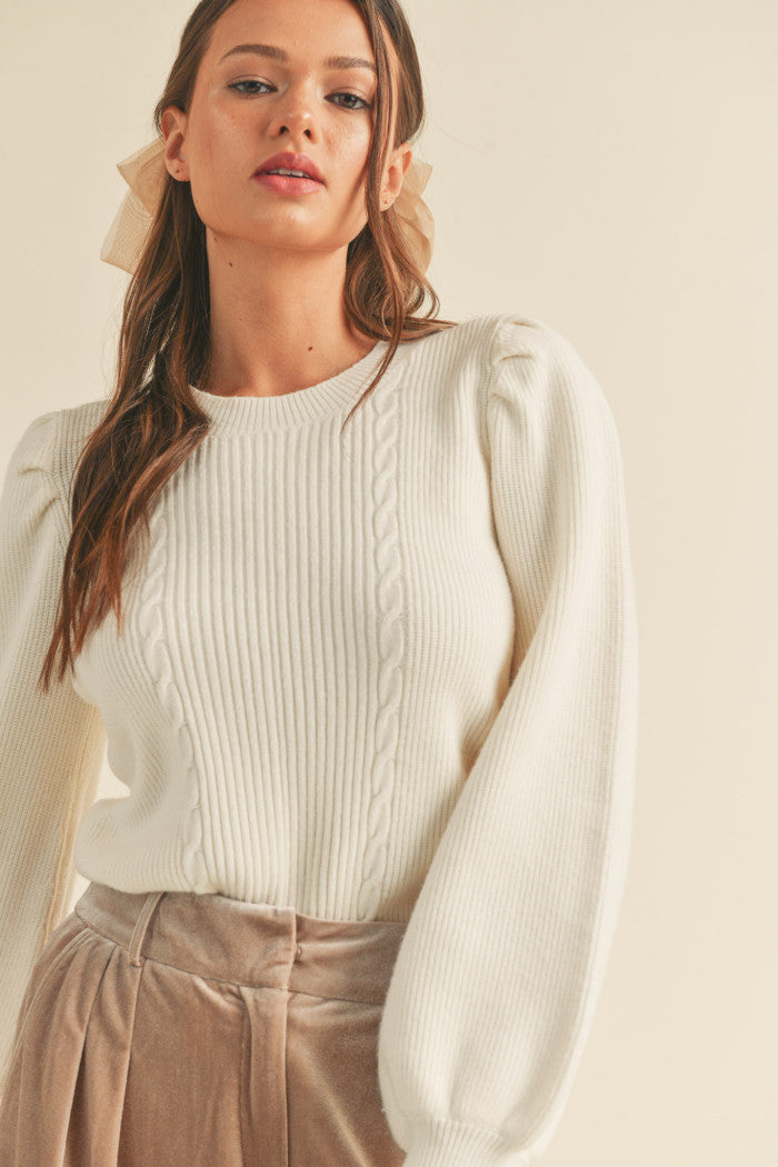 Ribbed Texture Puff Sleeve Sweater Ivory
