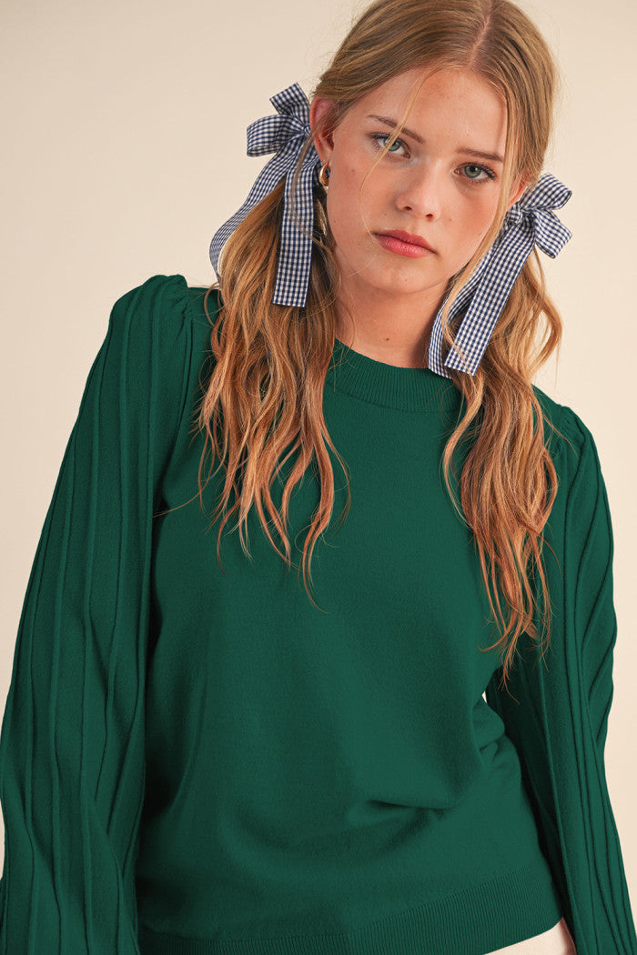 Stripe Texture Balloon Sleeve Pullover Forest Green