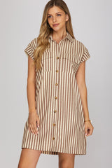 Drop Shoulder Stripe Collared Shirt Dress Brown