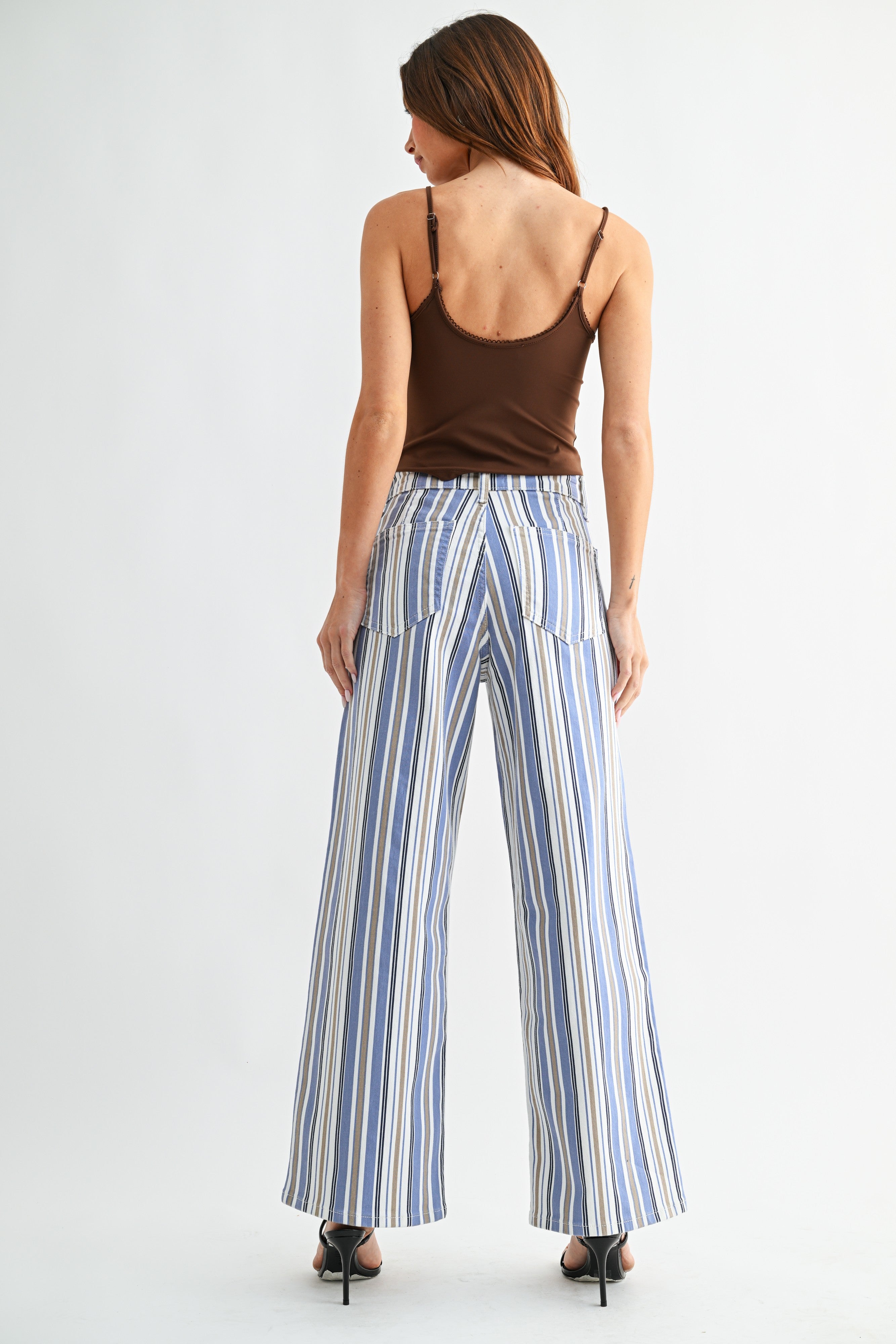 Welt Pocket Wide Leg Stripe Jeans Multi Stripe
