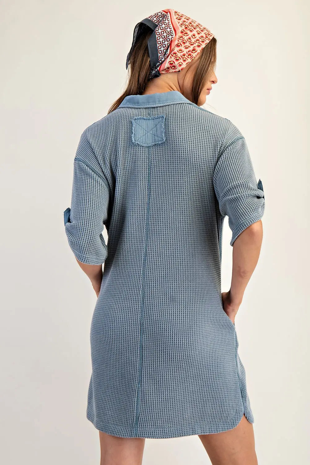 Washed Waffle Loose Fit Mini Dress Denim