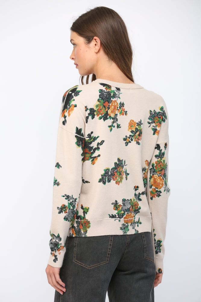 Floral Cluster Crew Neck Sweater Beige
