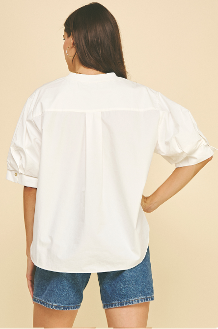 Mix Media Balloon Sleeve Hi-Lo Top Off White