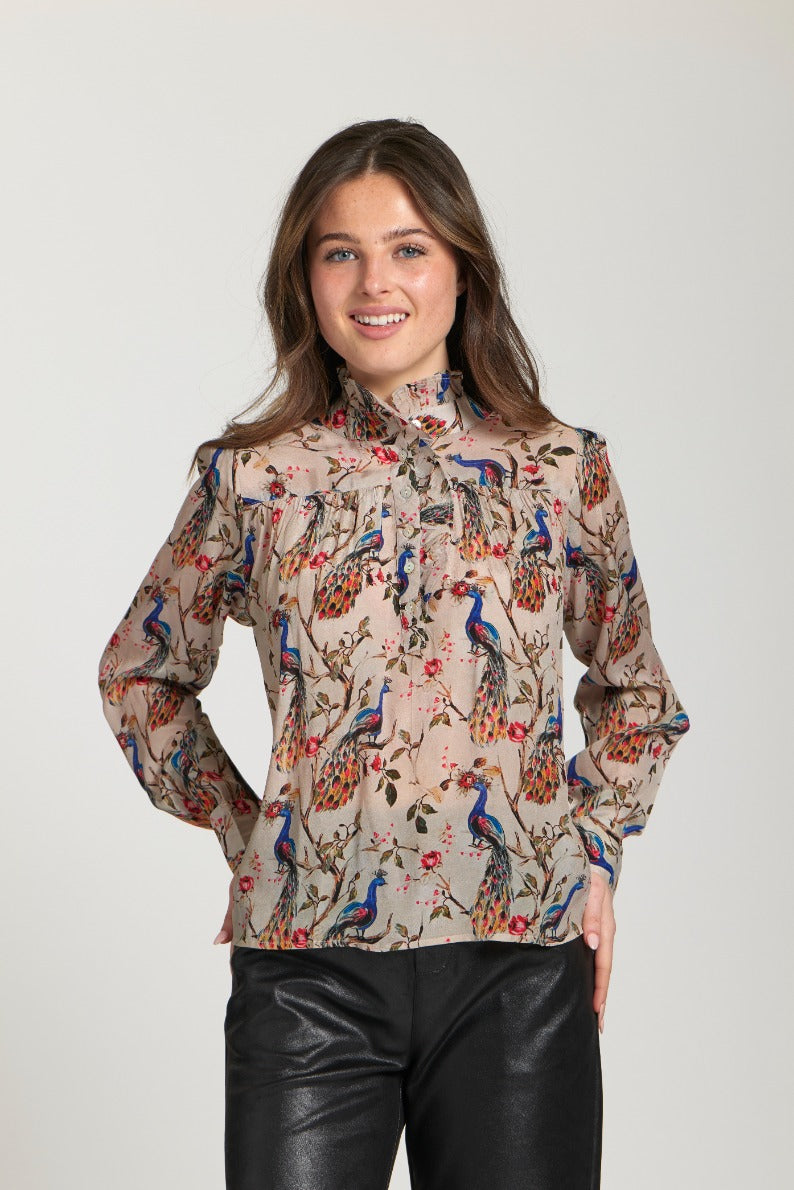 Printed Ruffle Half Placket Blouse Floral Antique White