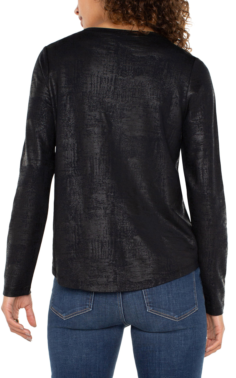 Curved Hem Scoop Neck Long Sleeve Knit Top Distressed Black