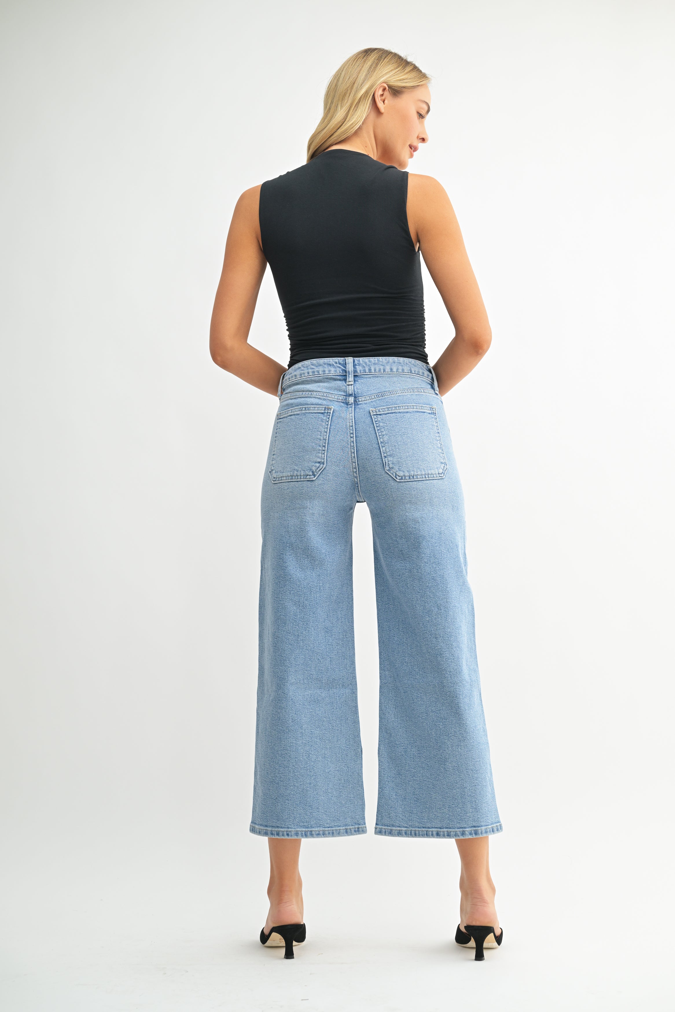 High Rise Cropped Wide Leg Denim Trouser Light Denim