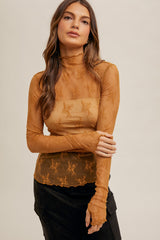 Mock Neck Lace Thumb Hole Sleeve Top Dijon Mustard