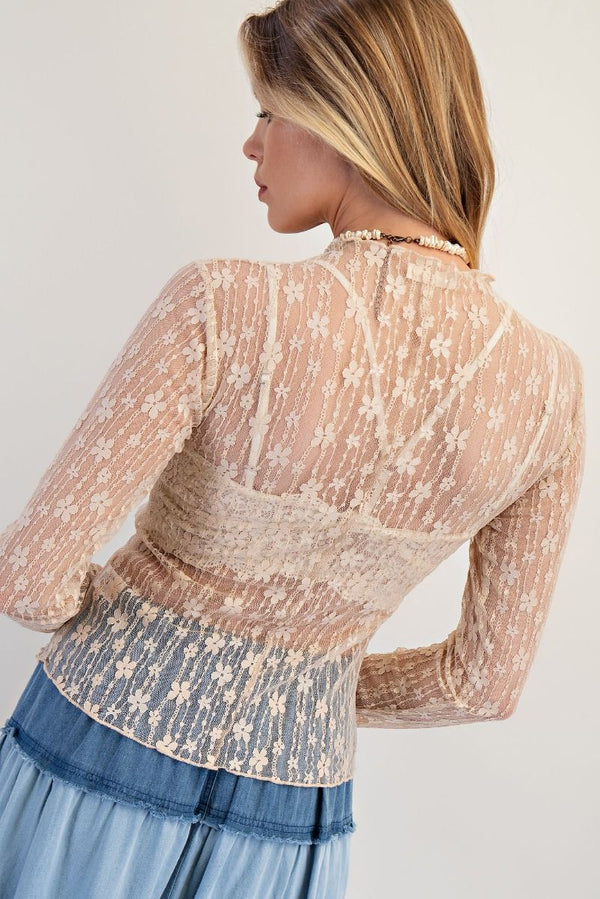 Sheer Lace High Neck Layering Top Nude