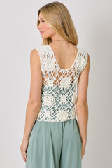 Floral Crochet Buttoned Vest Ivory