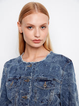 Eyelet Stretch Denim Collarless Jacket Medium Blue