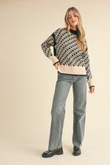 Mock Neck Plus Print Side Slit Pullover Sweater Black Cream