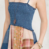 Ruffled Patchwork Denim Inserts Midi Dress Denim