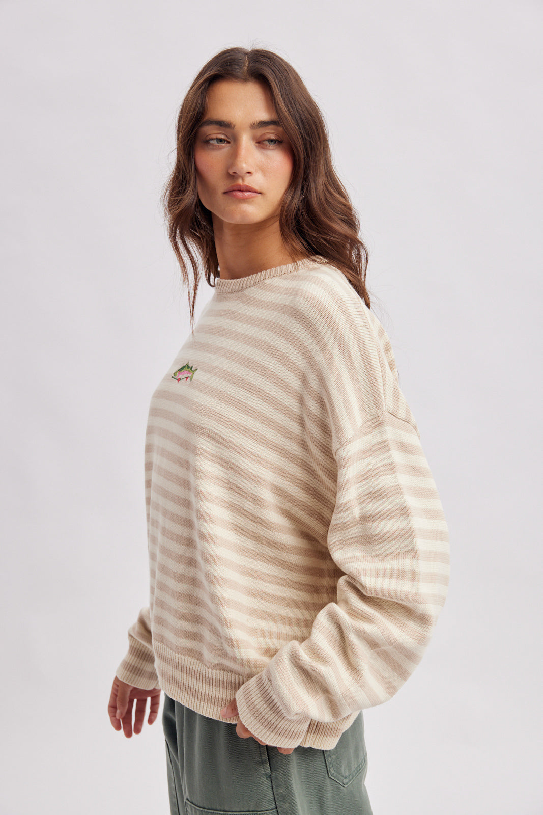 Striped Fish Graphic Sweater Taupe + Sand