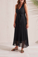 Sleeveless Tie Belt Plisse Skirt Maxi Dress Black