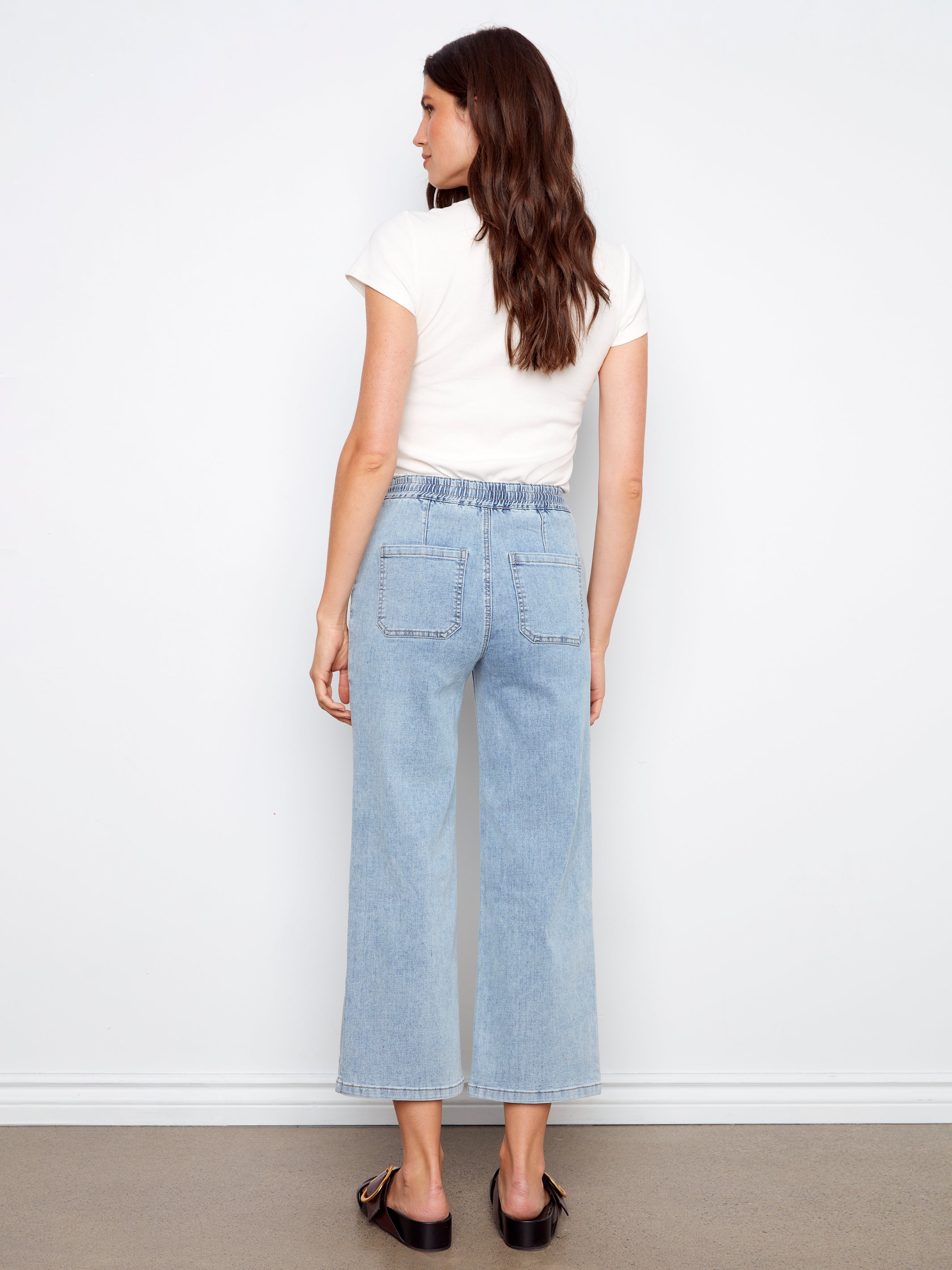Patch Pocket Drawstring Wide Leg Denim Pants Soft Blue