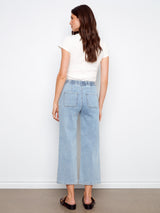 Patch Pocket Drawstring Wide Leg Denim Pants Soft Blue