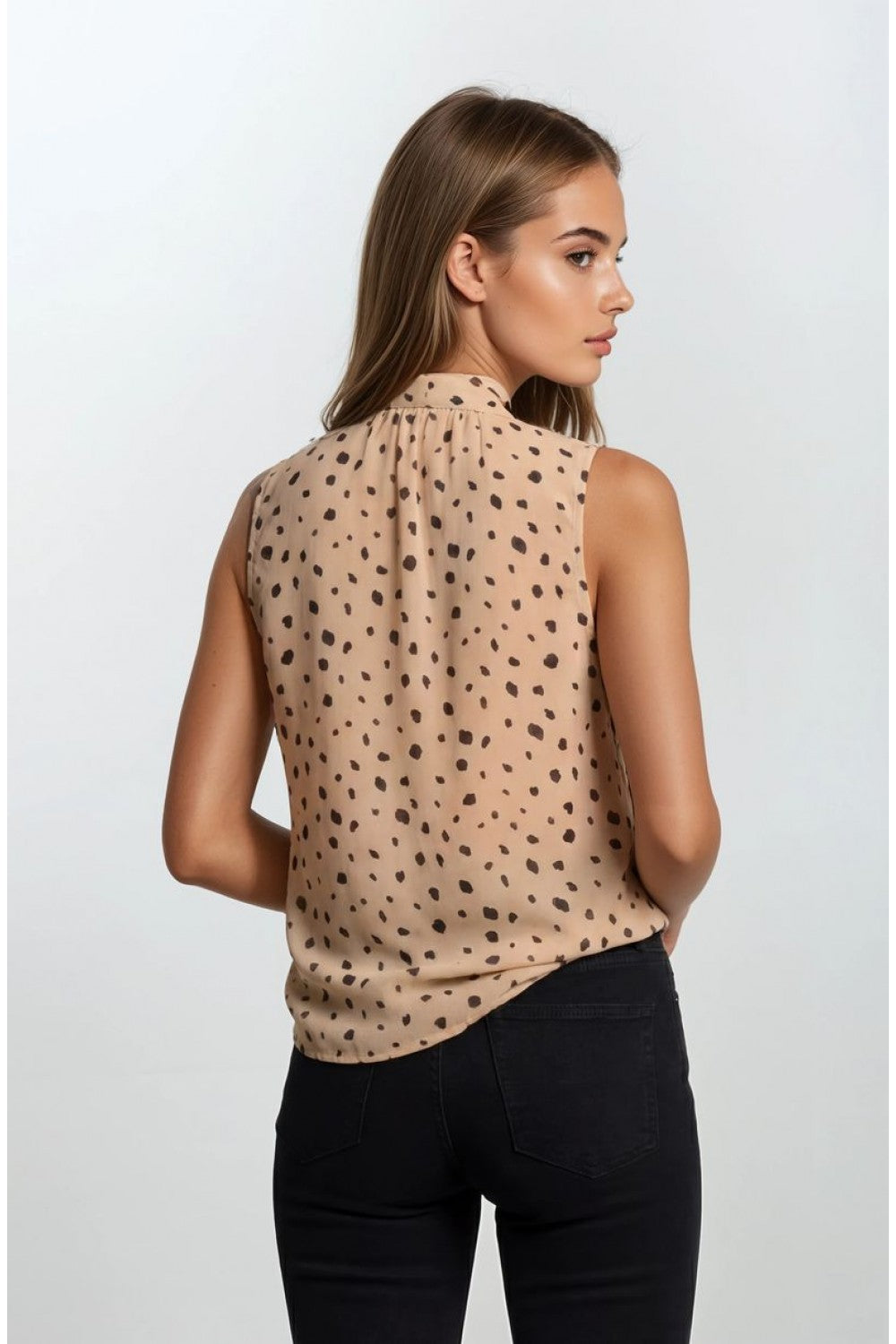 Chiffon Print Neck Bow Pintuck Tank Light Beige