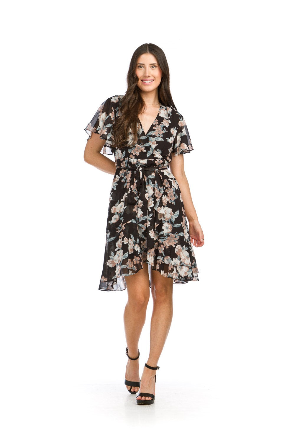 Floral Flutter Sleeve Tie Belt Dress Black