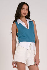 Layered Sleeveless Collared Sweater Top Dark Aqua