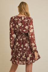 Front Tie Long Sleeve Flare Hem Floral Dress Rust + Cream