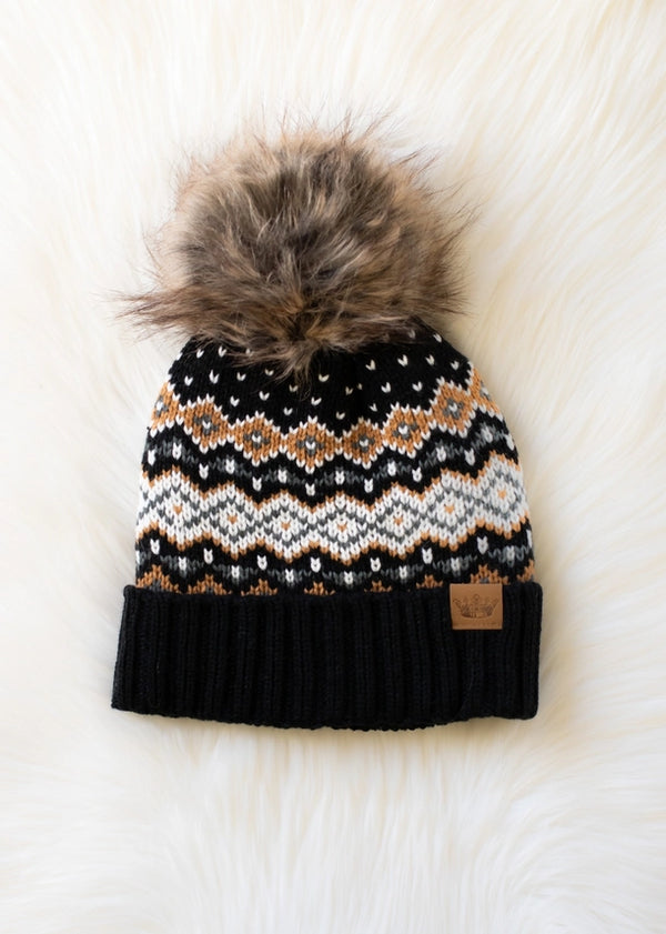 Winter Pattern Pom Hat Blk,Wht,Must,Blue