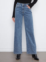 Rhinestone Wide Leg Stretch Jeans Medium Blue