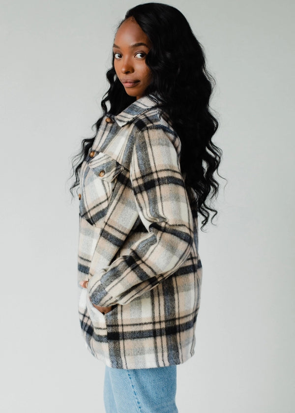 Buttoned Closure Plaid Shacket Black, Navy, Tan + Cream