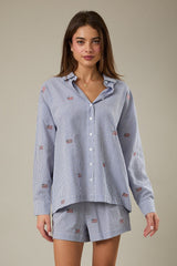 Stripe Flag Embroidered Button Down Shirt Navy White Stripe