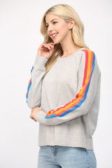 Multicolor Stripe Sleeve Crew Neck Sweater Heather Grey