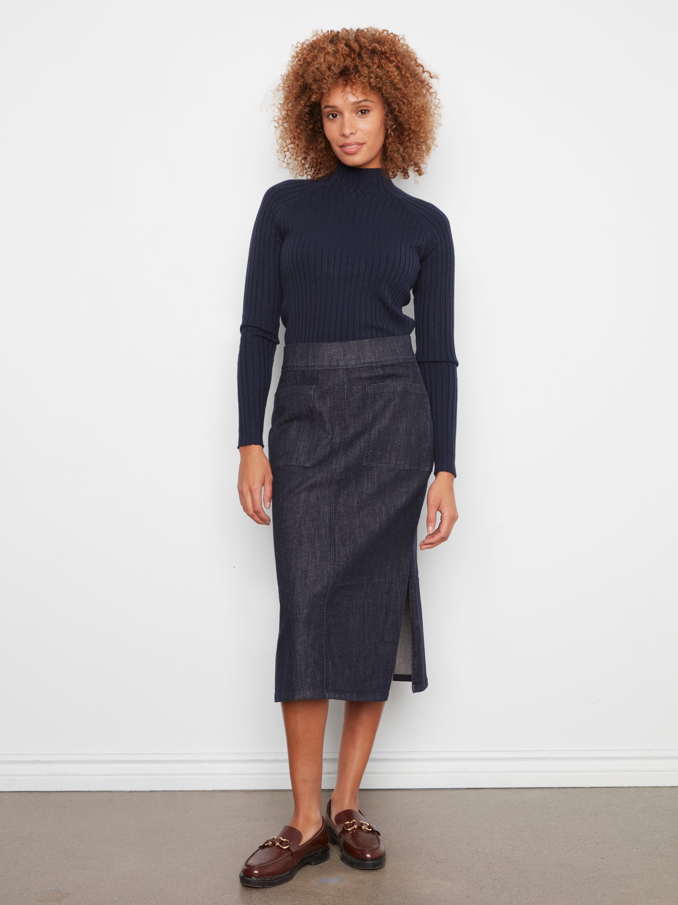 Pull On Patch Pocket Stretch Denim Midi Skirt Deep Blue