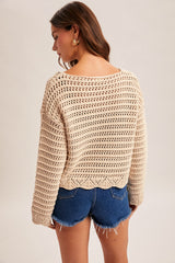 Wide Sleeve Boat Neck Scallop Hem Open Knit Sweater Ecru