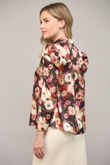 Floral Print Puff Sleeve Buttoned Blouse Black Multi