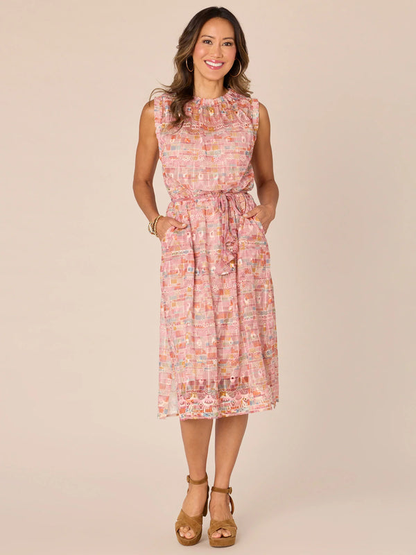 Tie Belted Embroidered Midi Mesh Dress