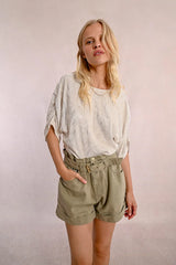 Metallic Detail Ruched Half Sleeve Top Off White