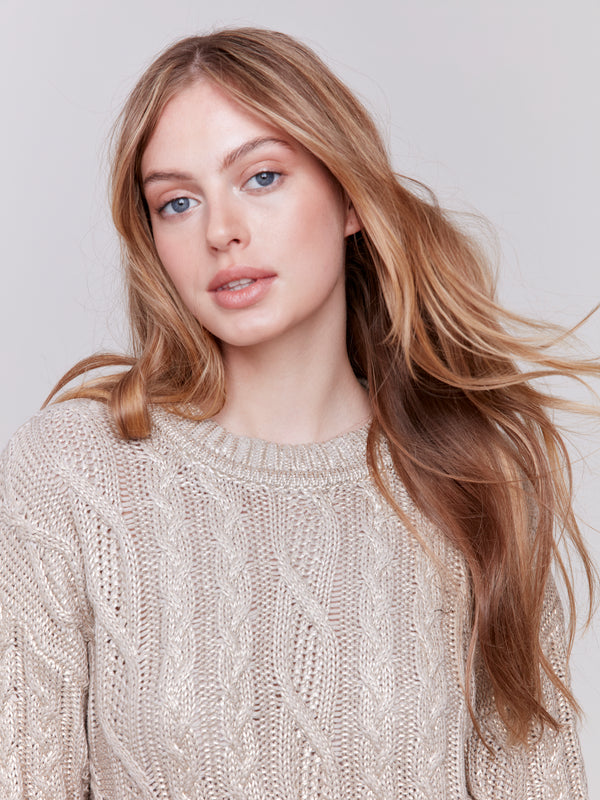 Metallic Distressed Cable Knit Sweater Champagne