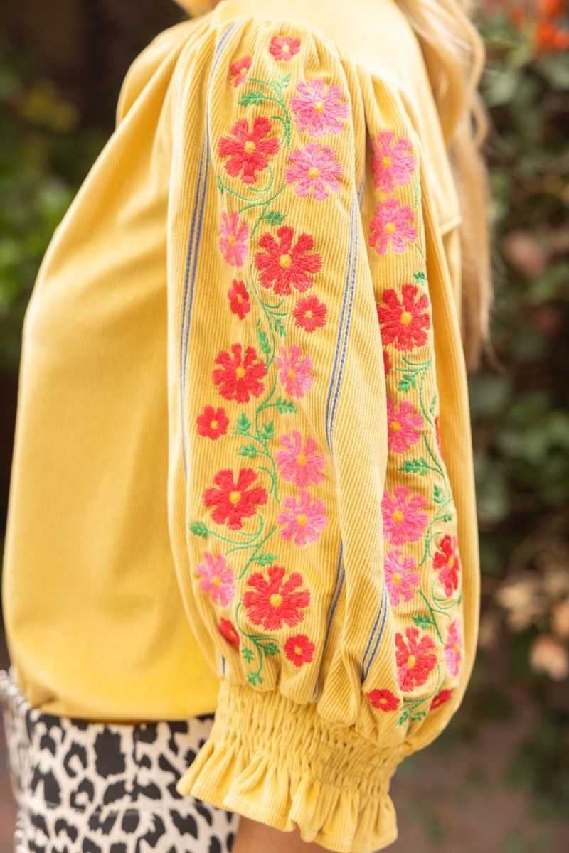 Floral Embroidered Smock Detailed Corduroy Top Mustard