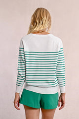 Buttoned Vneck Stripe Sweater White + Green