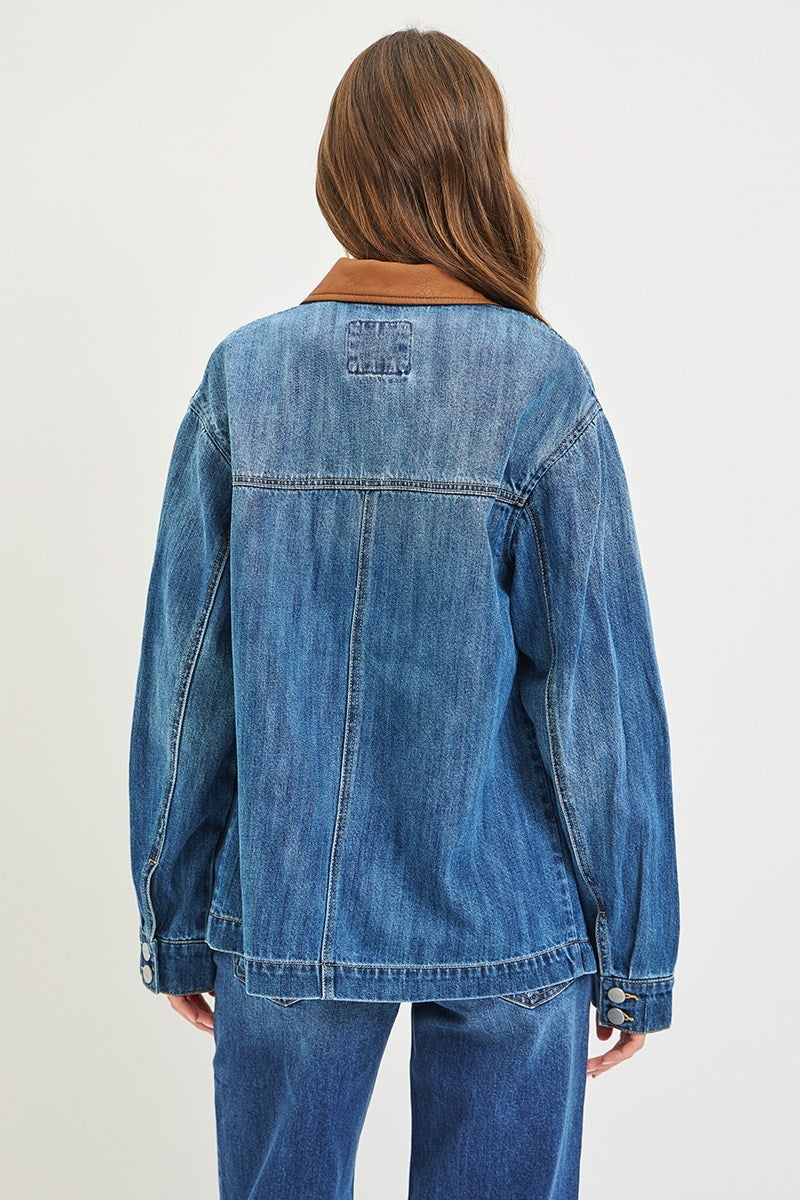Leather Collar Contrast Oversize Denim Jacket Medium